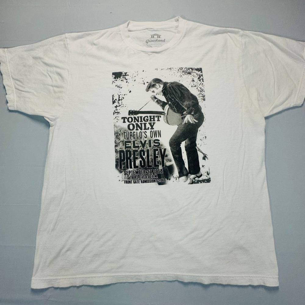 Elvis Presley Graceland Graphic T-Shirt White XL Tupelo 1956 Concert Poster Tee